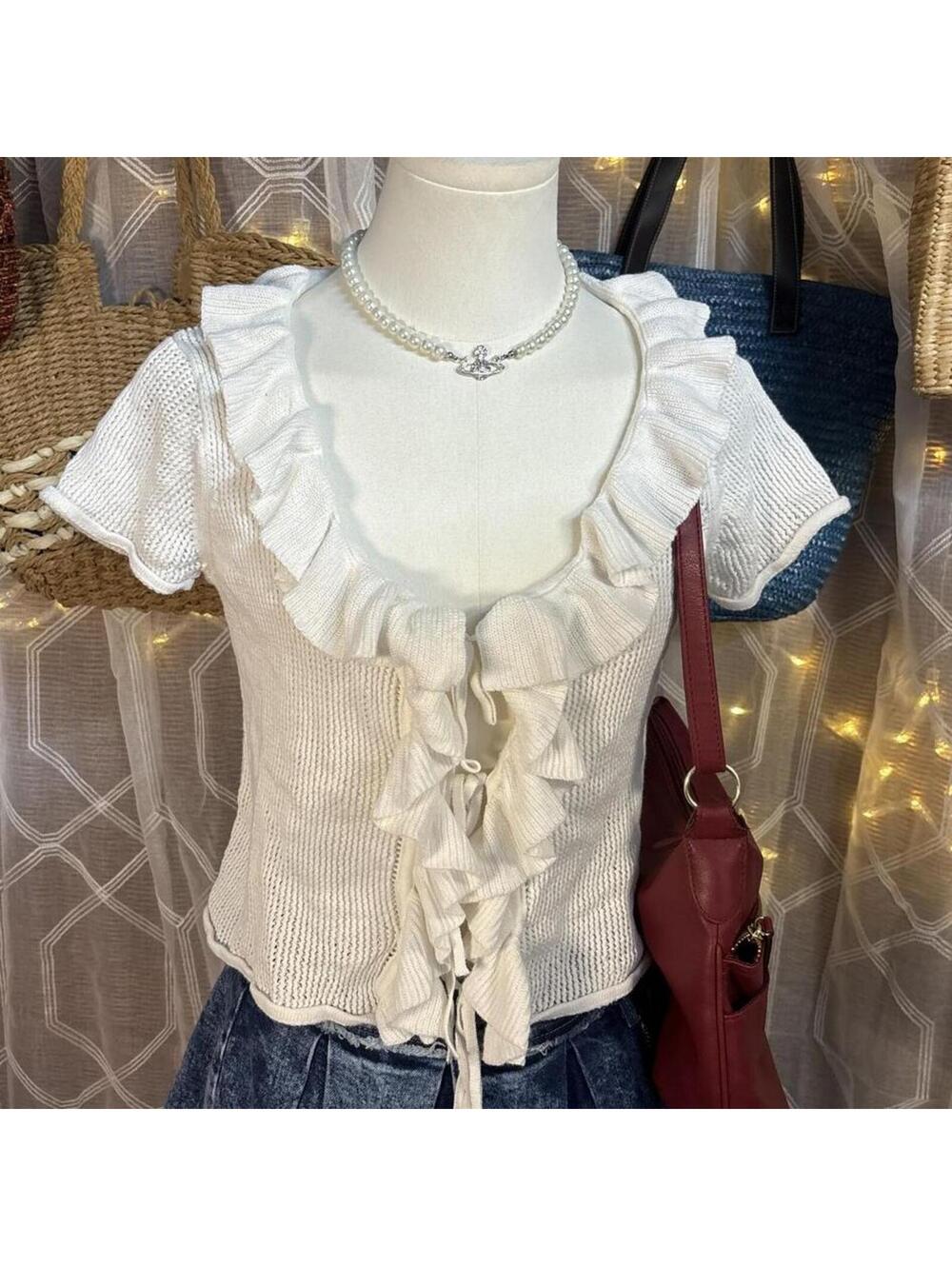 Wild Fable White Ruffle Tie Front Knit Top Coquette Balletcore Cottagecore M